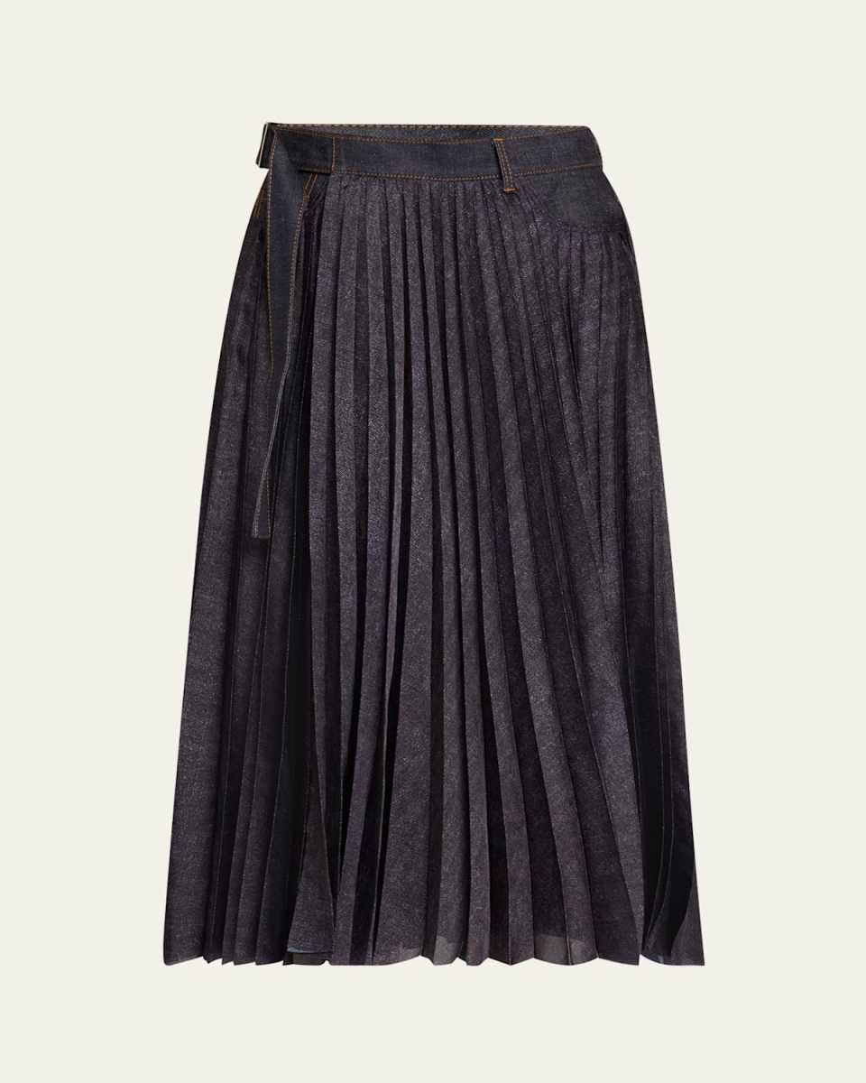 Pleated Denim Belted Midi Skirt